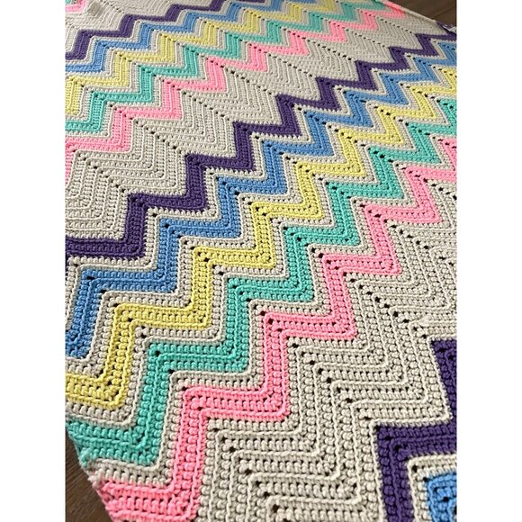 Handmade Chevron Colorful Knit Crochet Blanket Pink Teal Yellow Blue VTG 76x57 - Picture 10 of 12